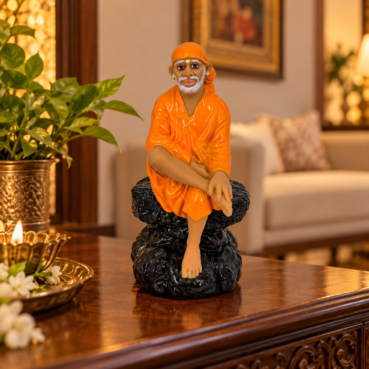 Saibaba Sitting On Stone Idol 0