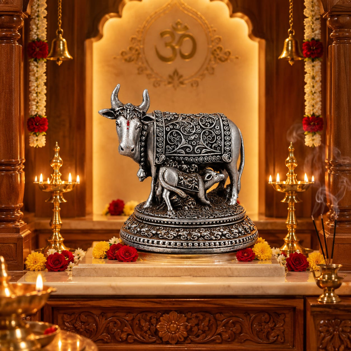 Silver Antique Kamadhenu Cow & Calf Decorative Statue | Hemant Art