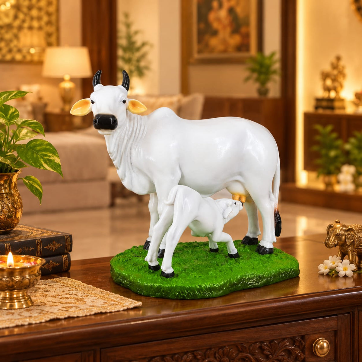 White Kamadhenu Cow & Calf Porcelain Statue | Hemant Art