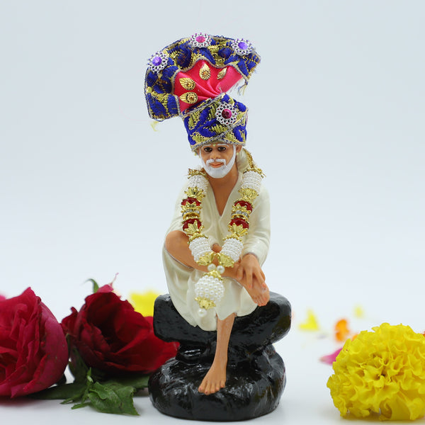 Saibaba Sitting on Stone Resin-Fiber Idol, 4.5 Inch Hemant Art