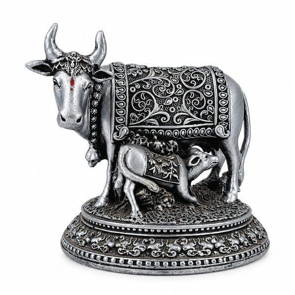 Silver Antique Kamadhenu Cow & Calf Decorative Statue | Hemant Art