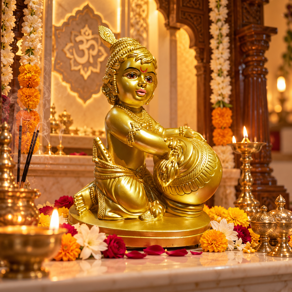 Baal Krishna With Makhan Handi Idol Gold Colour