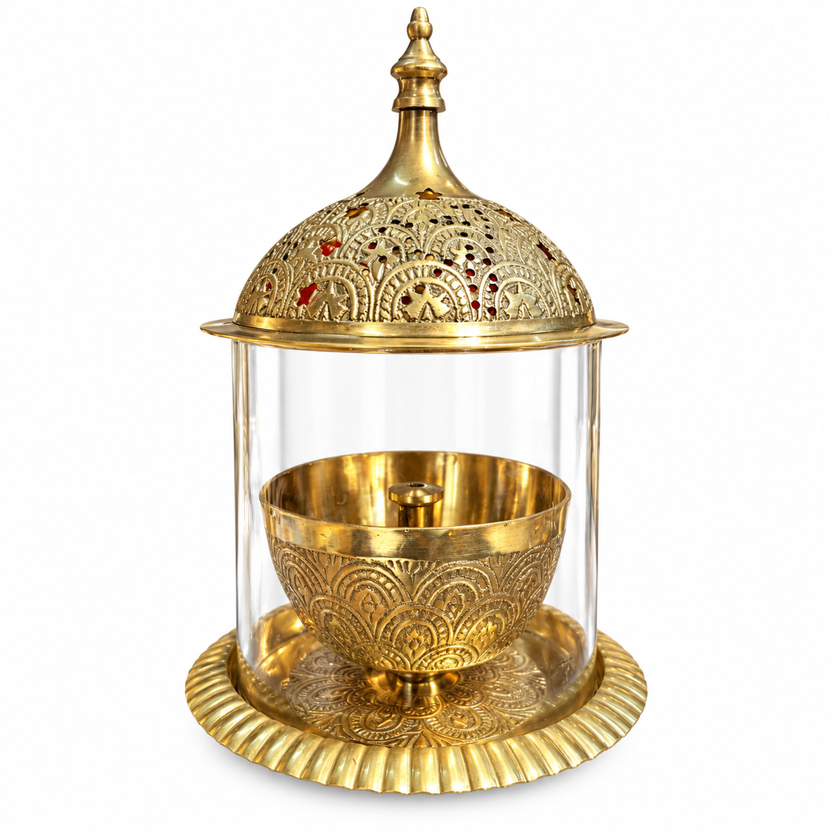 Brass Camphor Burner with Tomb Glass Cover
