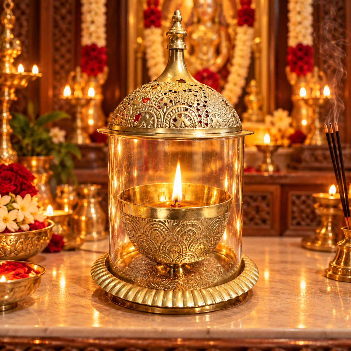 Brass Camphor Burner with Tomb Glass Cover