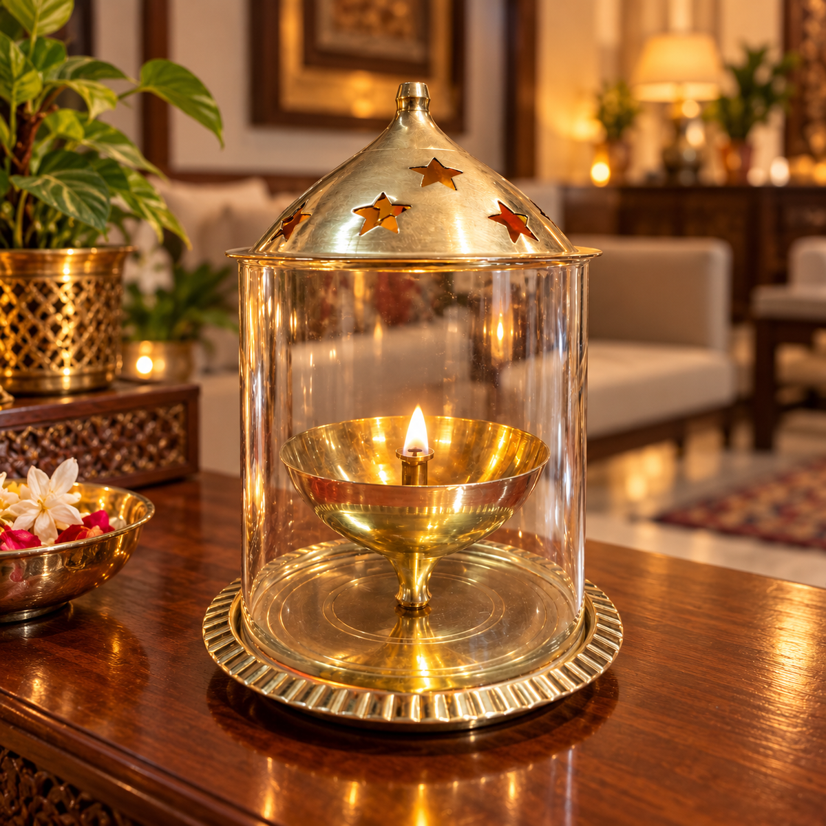 Brass Camphor Burner with Tomb Net Glass Cover