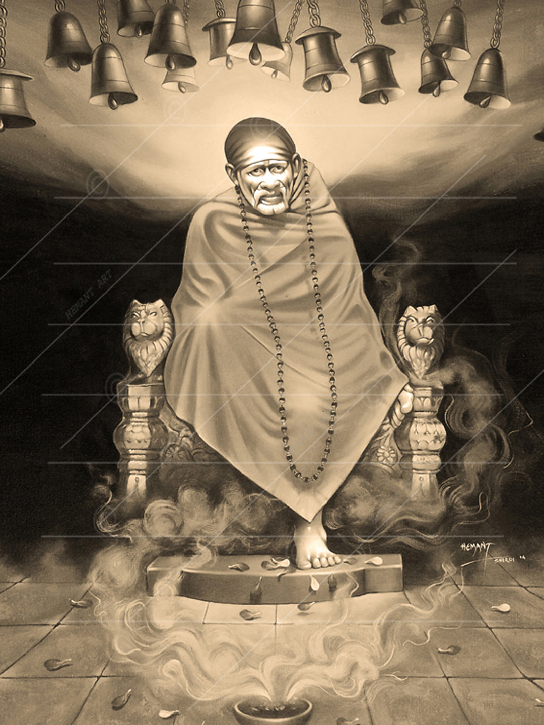 Saibaba Samadhi Canvas, B&W Singhasan with Bell