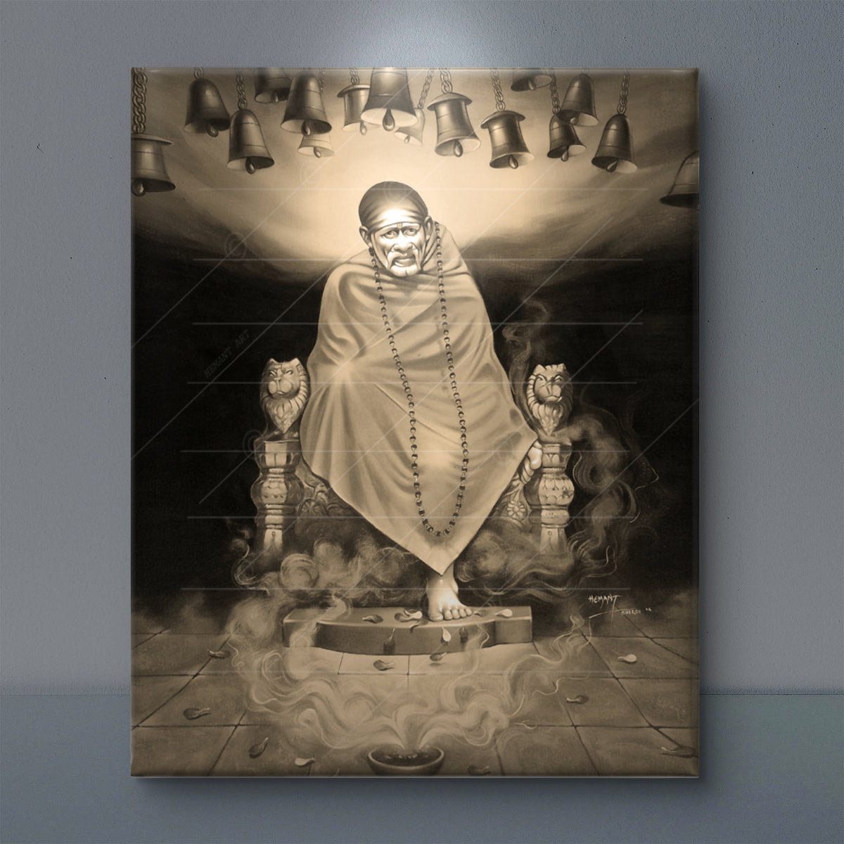 Saibaba Samadhi Canvas, B&W Singhasan with Bell