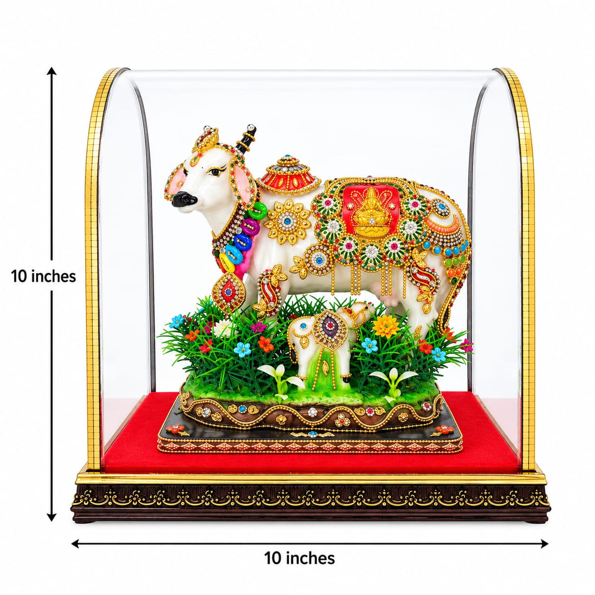 Kamdhenu Cow and Calf Idol with Glass Dome