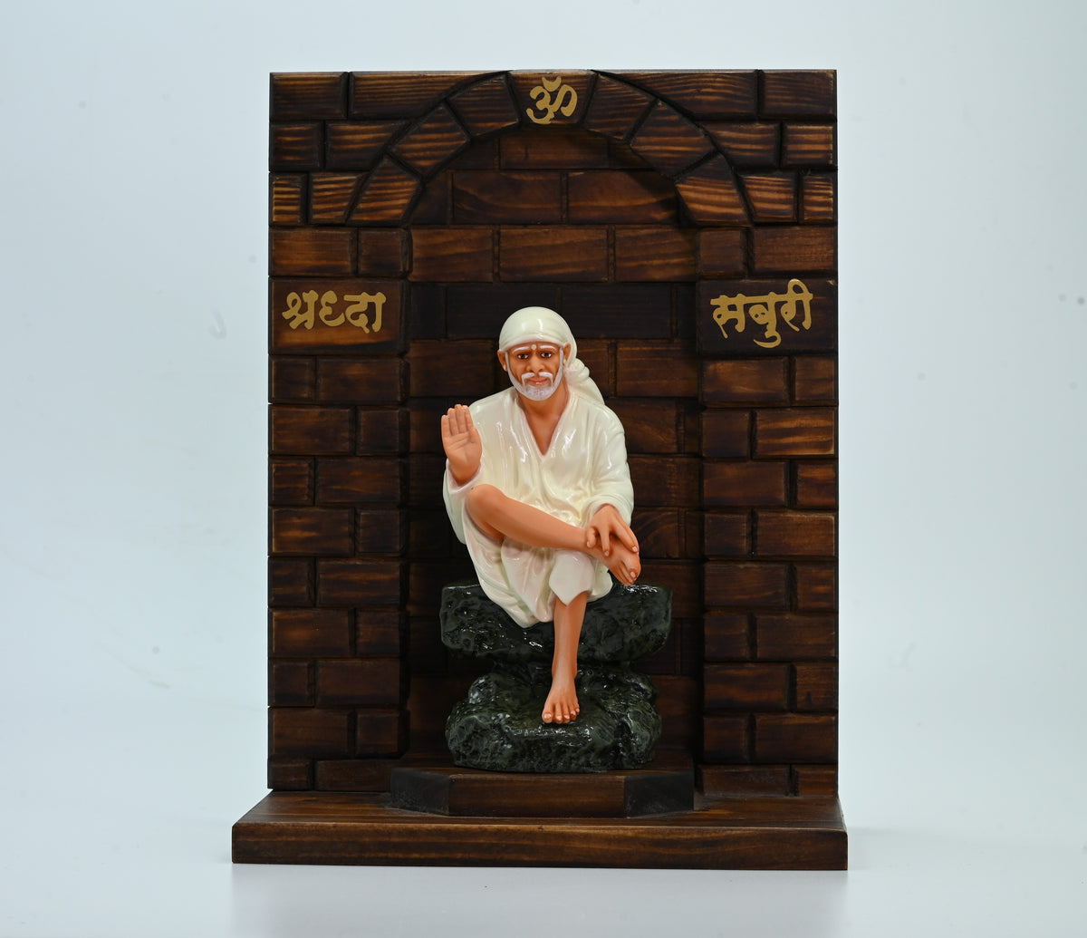 Sai Baba Statue with Wooden Stand – Ashirwad Orange Hemant Art