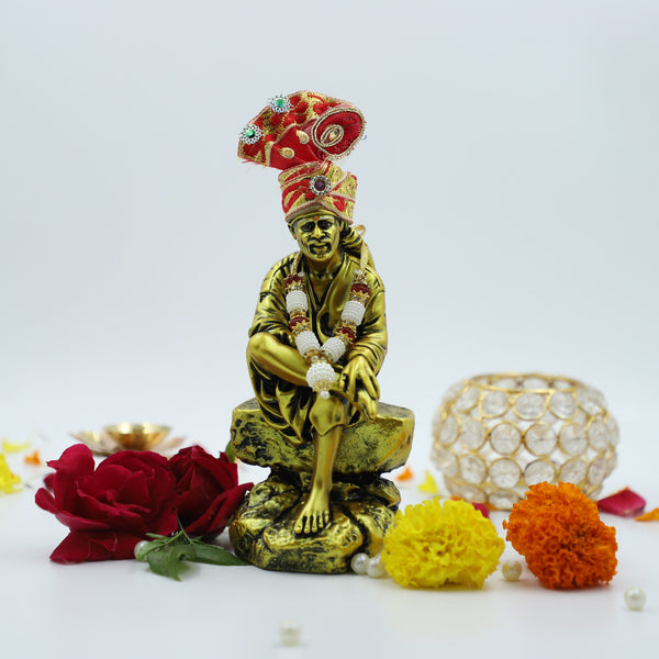 Sai Baba Golden Sitting On Stone Resin Fiber Statue - 2 No 6.5 Inche Hemant Art