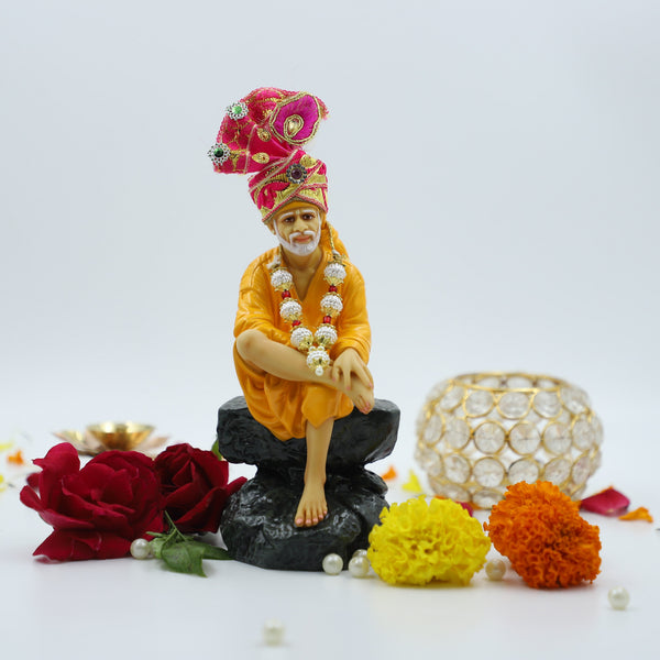 Sai Baba Idol Sitting On Stone - 2 No Yellow 6.5 Inch Hemant Art
