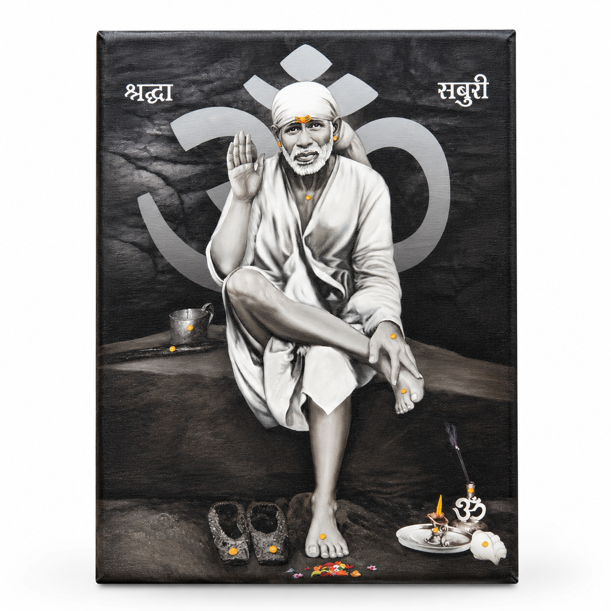 Sai Baba Original Photo Sitting on Stone Canvas Painting | Hemant Art