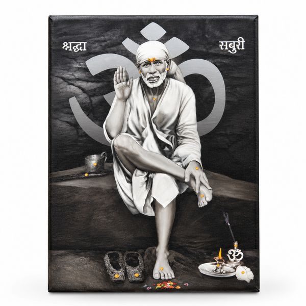 Sai Baba Original Photo Sitting on Stone Canvas Painting | Hemant Art