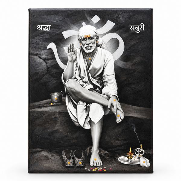 Sai Baba Original Photo Sitting on Stone Canvas Painting | Hemant Art