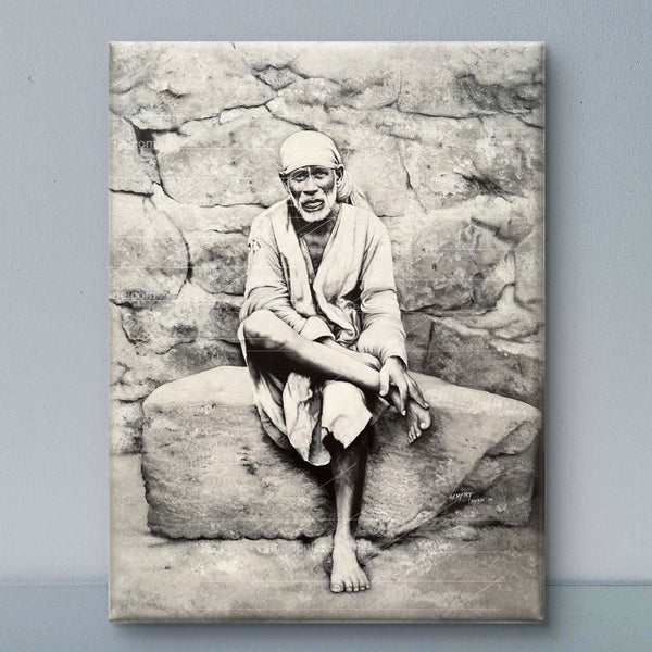 Sai Baba Original Photo Sitting on Stone Canvas Print