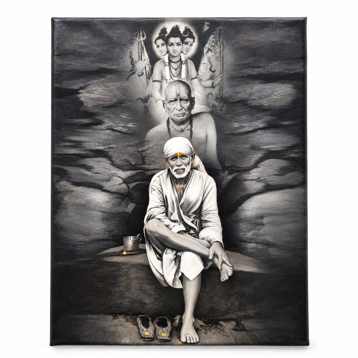 Sai Baba Original Photo Sitting on Stone Canvas Print | Swami+Datta+Baba Stone | Hemant Art