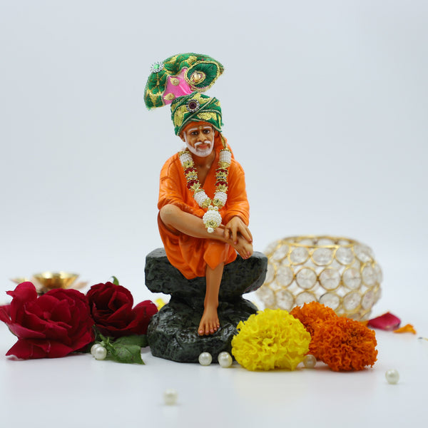 Sai Baba Sitting On Stone Resin Fiber Statue - 2 No Orange 6.5 Inche Hemant Art