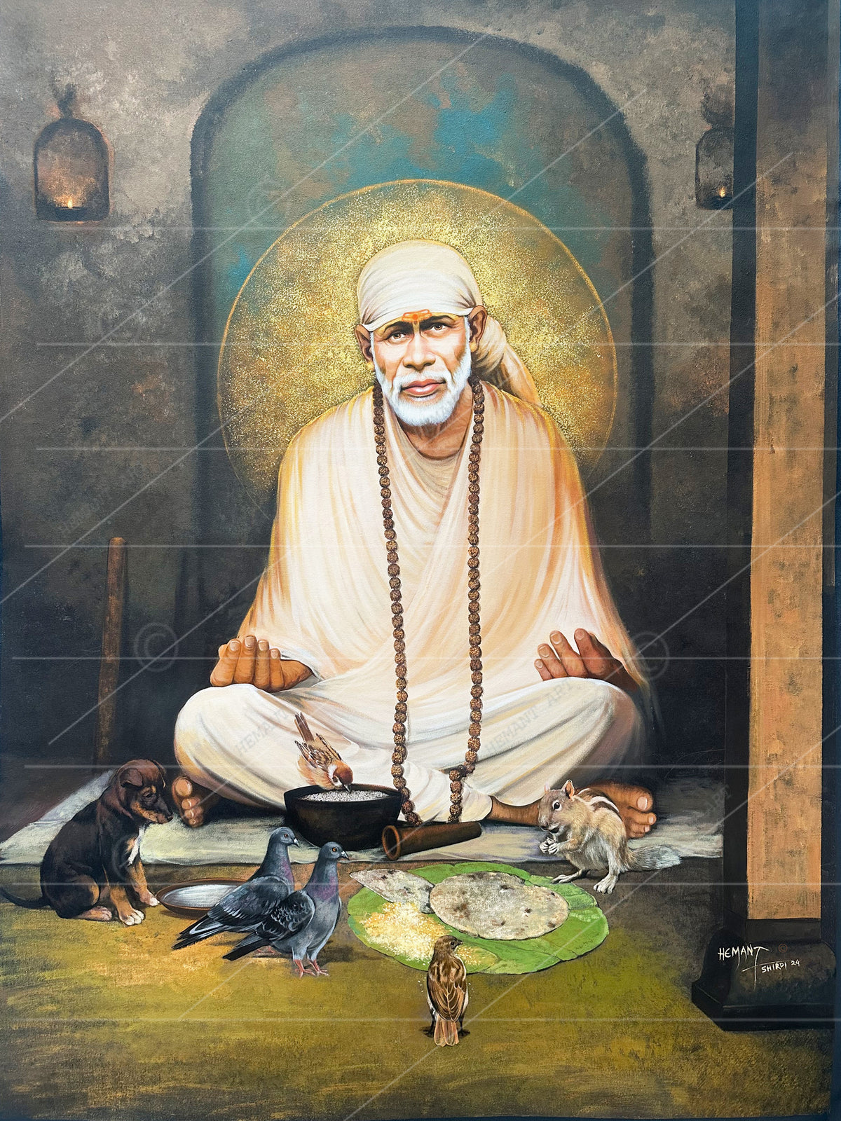 Saibaba Meditation with Birds Canvas Print