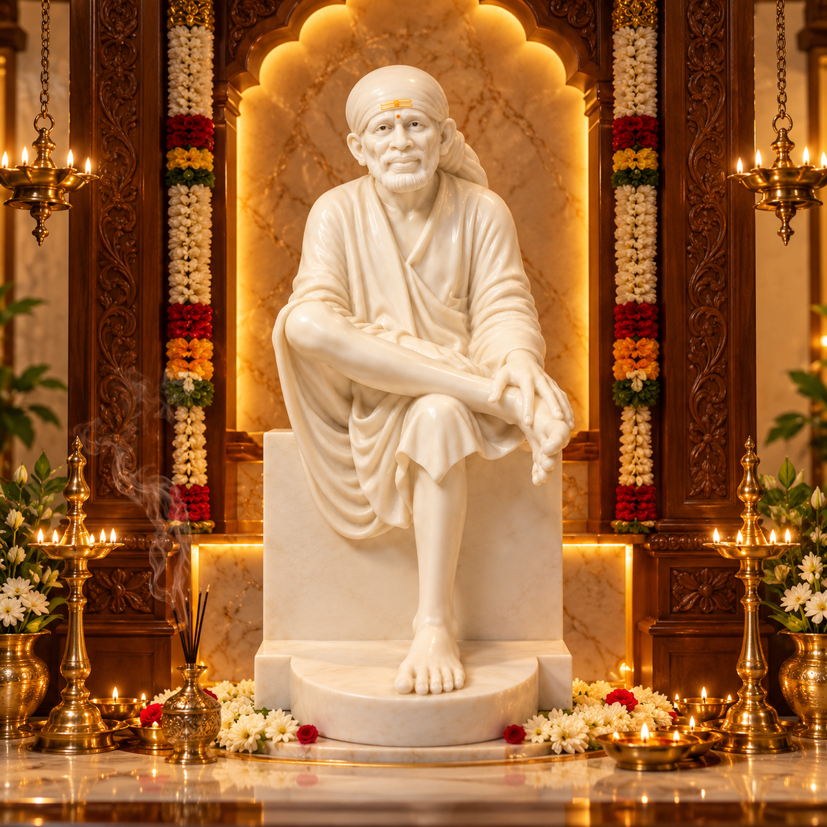 Saibaba Sitting On Stone Glossy Marble Idol 9no