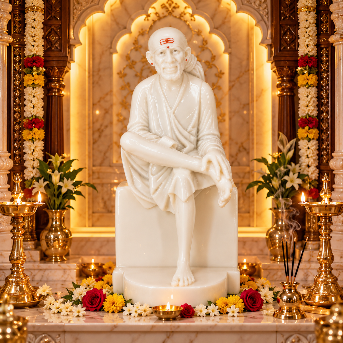 Saibaba Sitting on Stone Glossy Marble Idol 6no