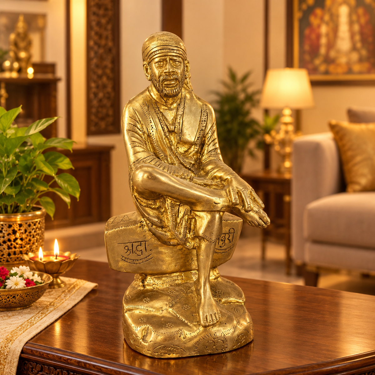 Saibaba Sitting On Stone Brass Idol
