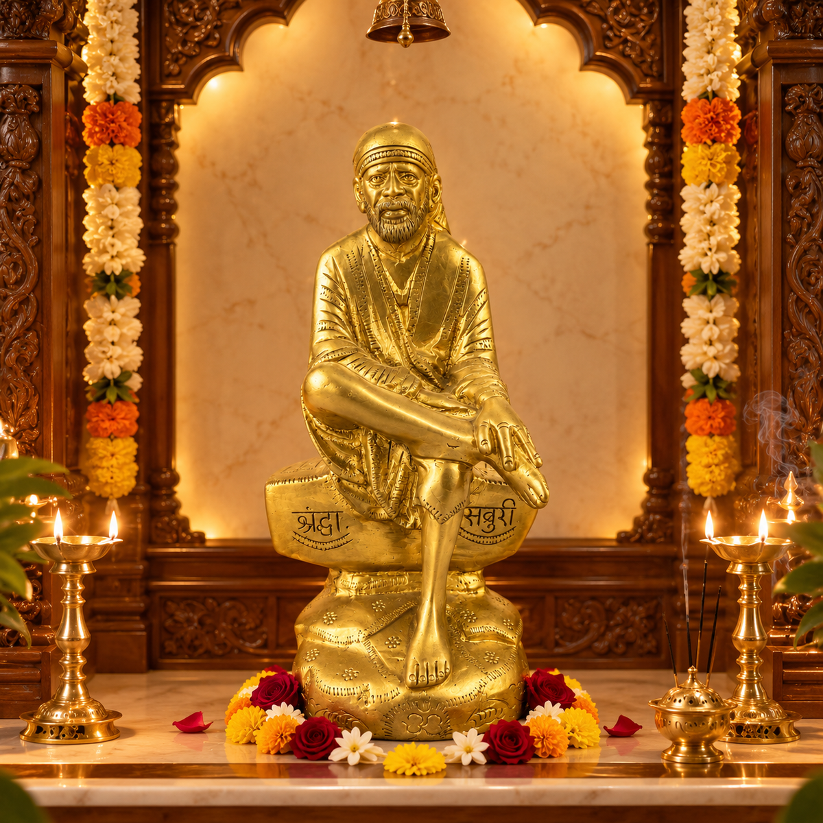 Saibaba Sitting On Stone Brass Idol