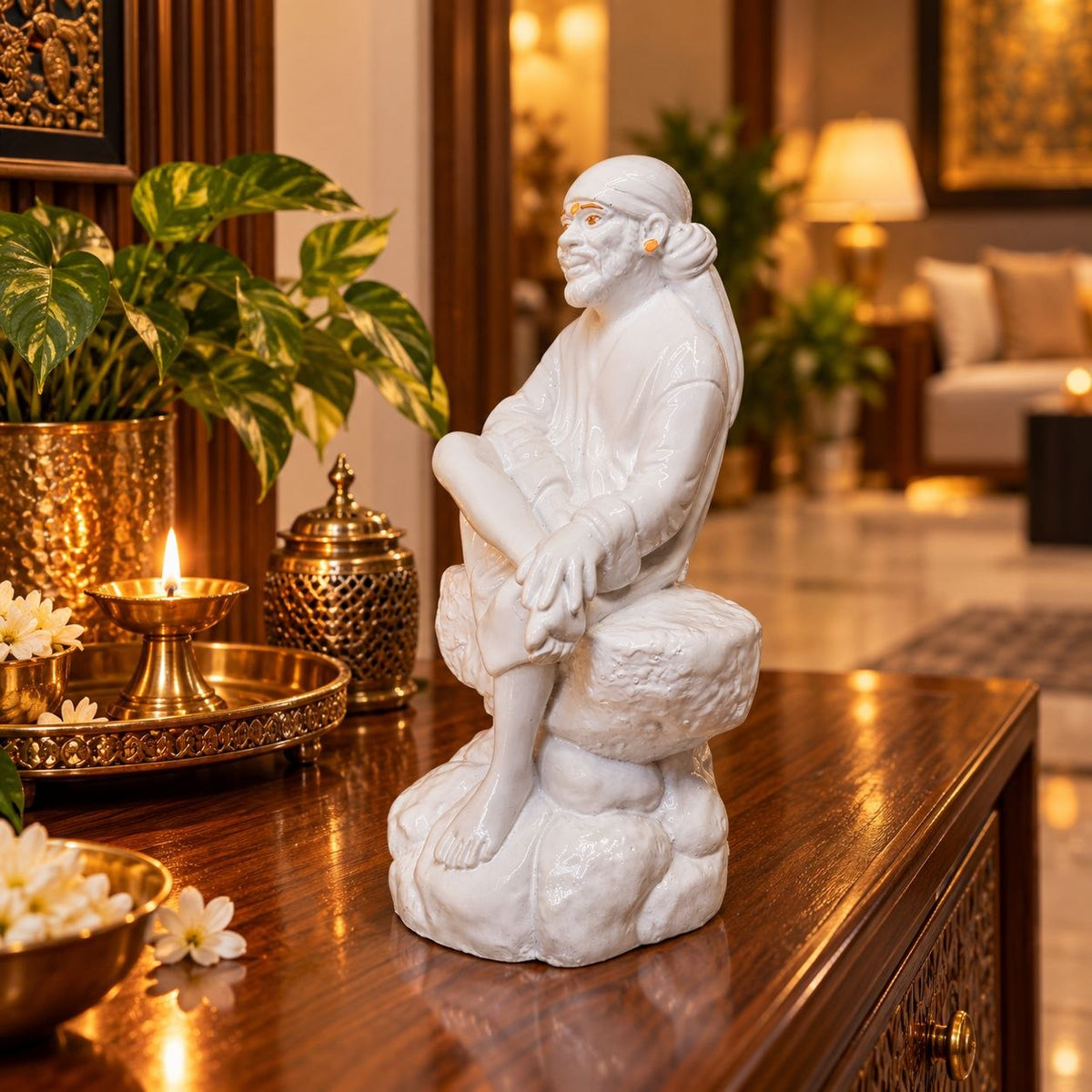 Saibaba Sitting on Stone Porcelain Idol 0 No