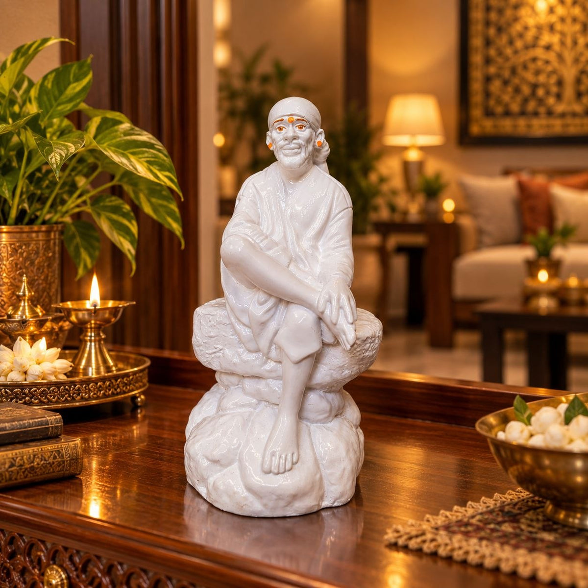 Saibaba Sitting on Stone Porcelain Idol 0 No