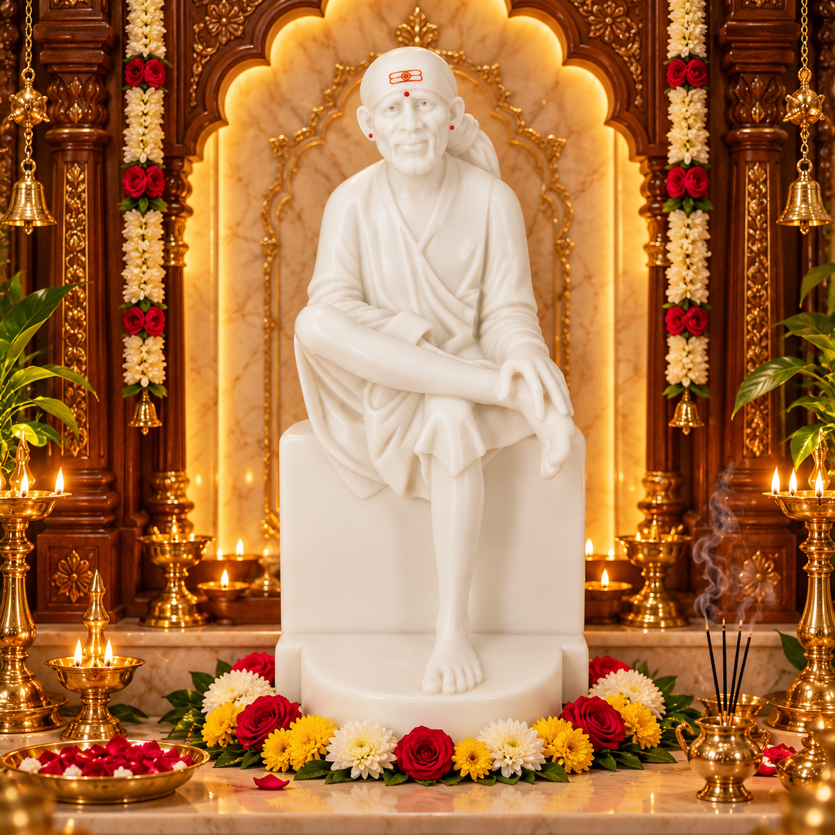 Saibaba Sitting on Stone Matt Marble Idol 6no