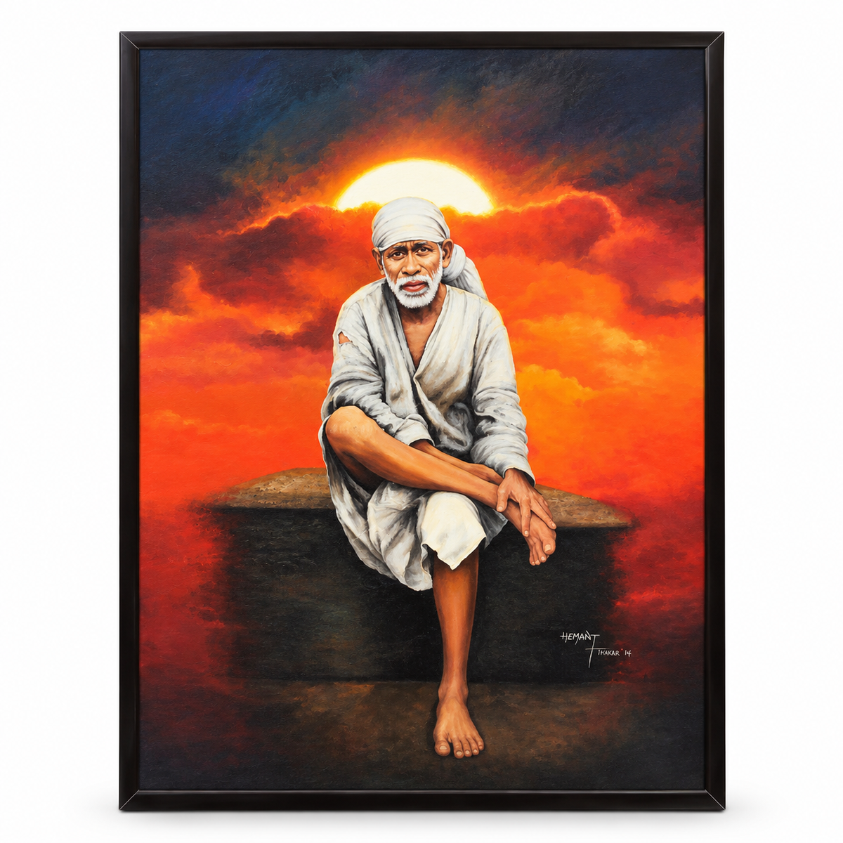 Saibaba on Stone Canvas Print, Orange Sky Hemant Art
