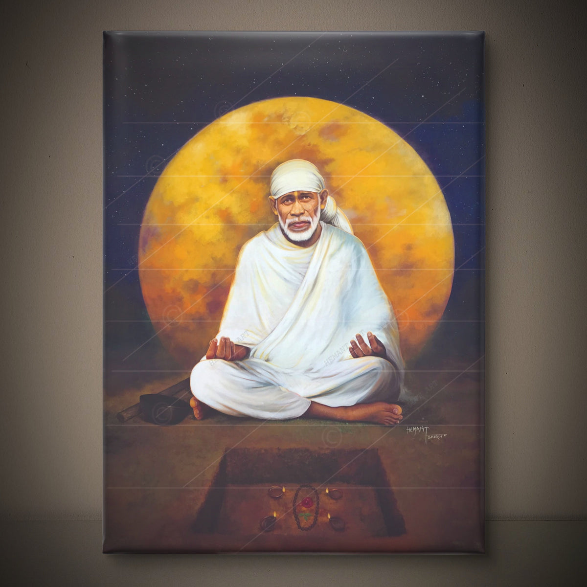 Saibaba Meditation Canvas Print, Yellow Moon