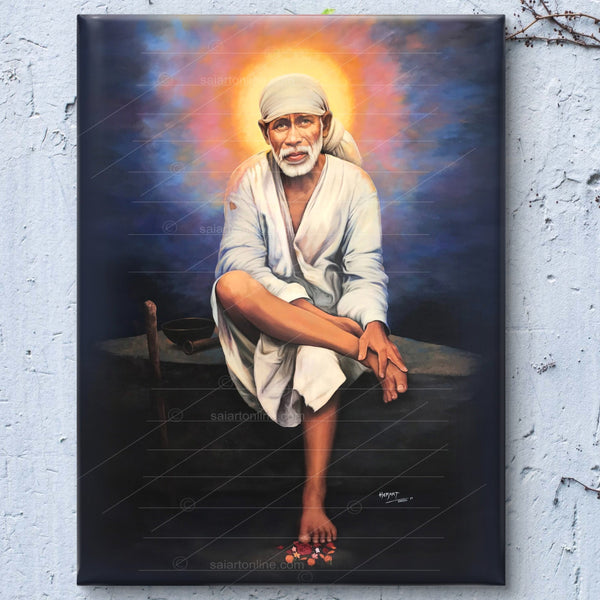 Saibaba on Stone Canvas Print, Black Stone & Sun Hemant Art
