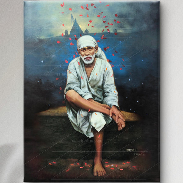 Saibaba on Stone Canvas Print, Rose Shower Hemant Art