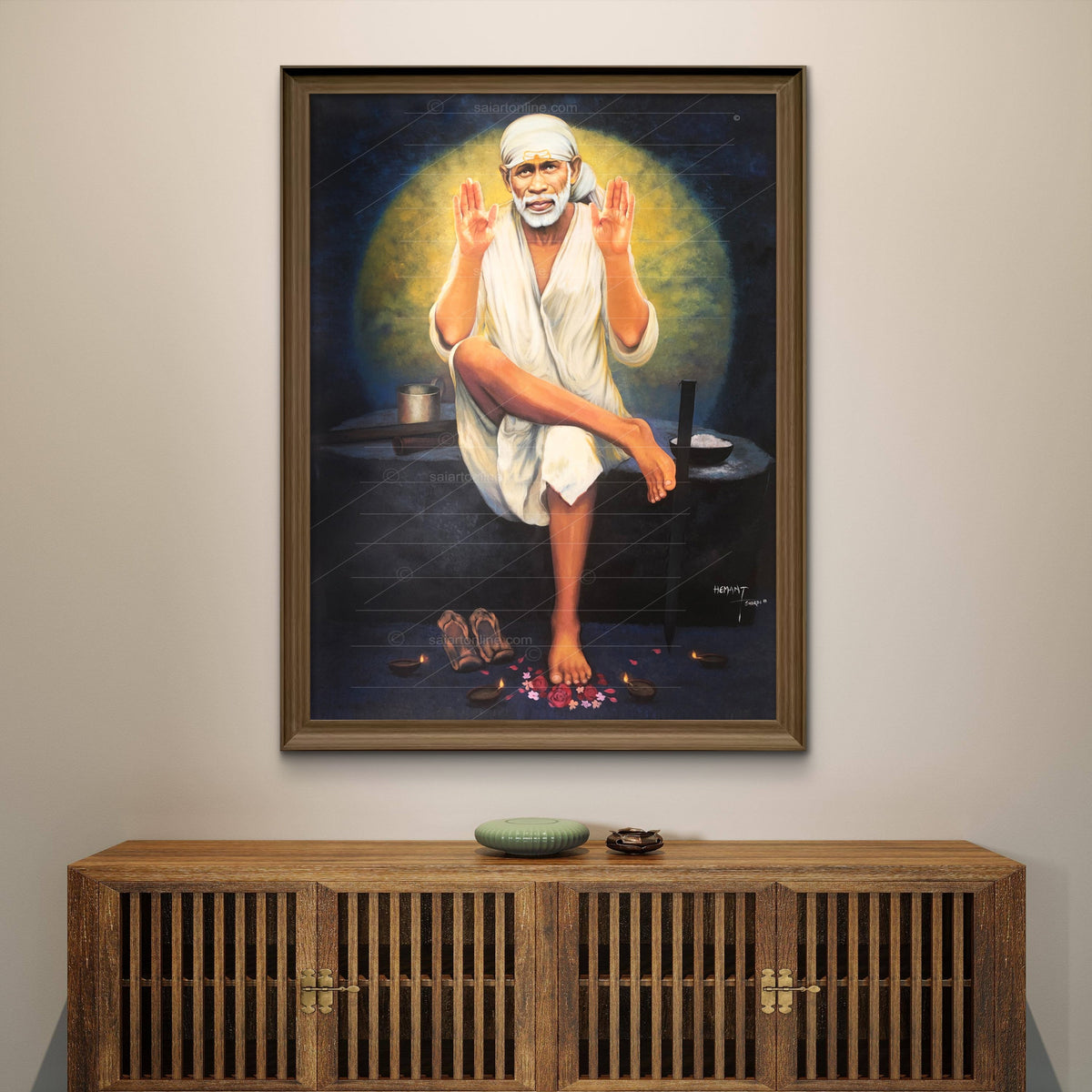 Saibaba Two-Hand Blessing Canvas, Yellow Moon Hemant Art