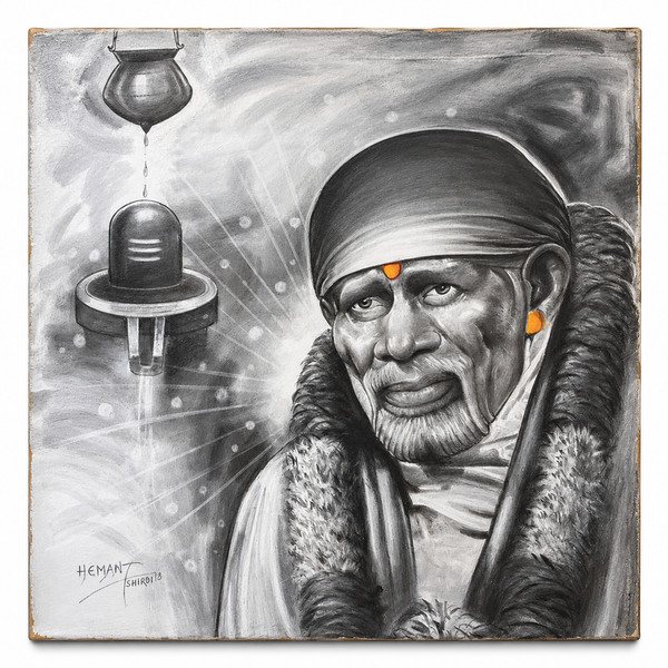 Shirdi Sai Baba Pencil Sketch on Board - Pind With Baba