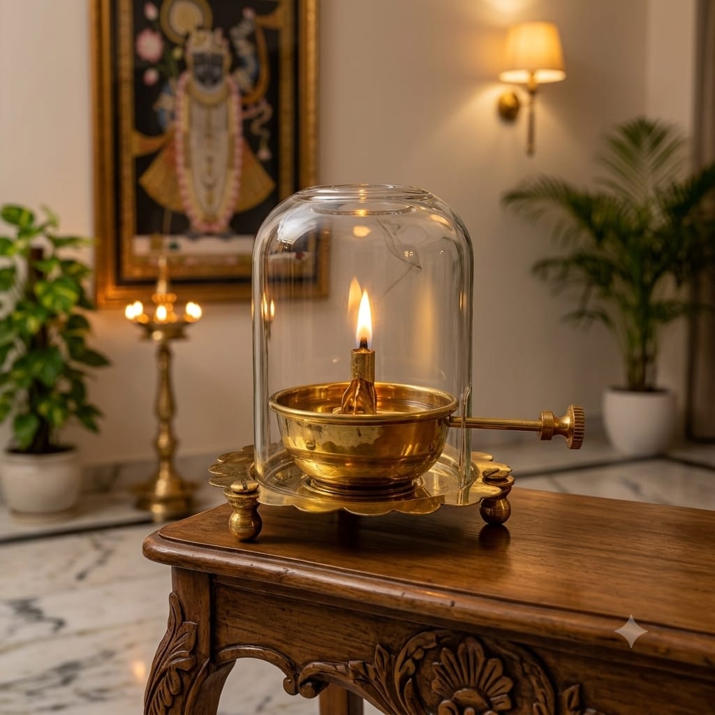 Brass Akhand Diya with Glass Cover