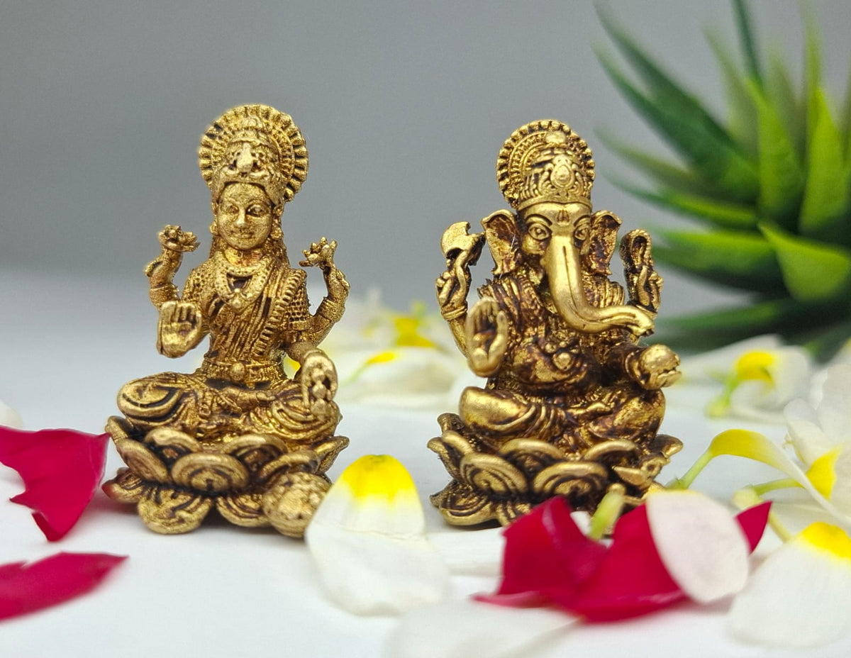 Mini Laxmi Ganesh Idol Gold Finish | Small Pooja Room Murti | Diwali Gift Statue
