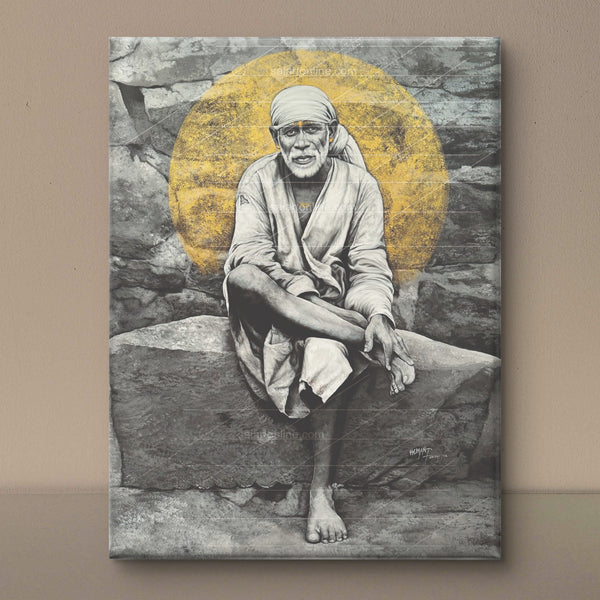 Sai Baba Original Photo Sitting on Stone Canvas Reprint | Hemant Art