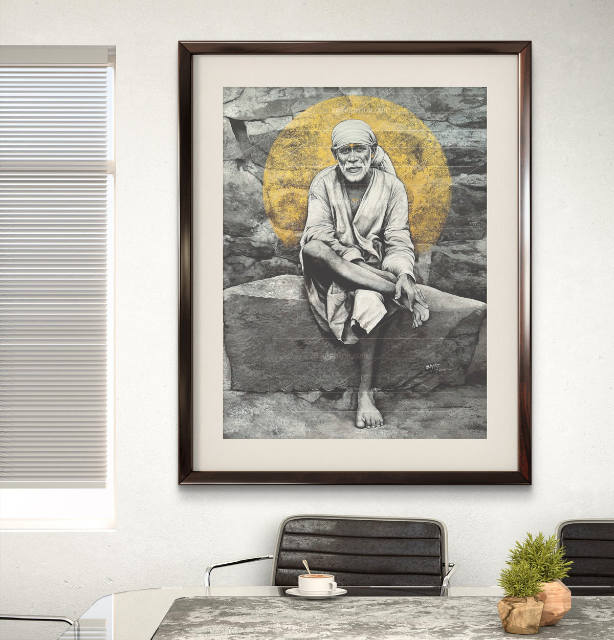 Sai Baba Original Photo Sitting on Stone Canvas Reprint | Hemant Art