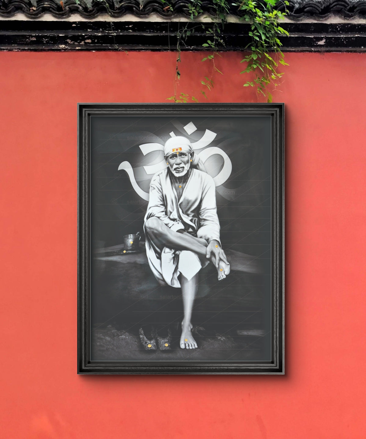 Sai Baba Original Photo Sitting on Stone Canvas Painting | Hemant Art