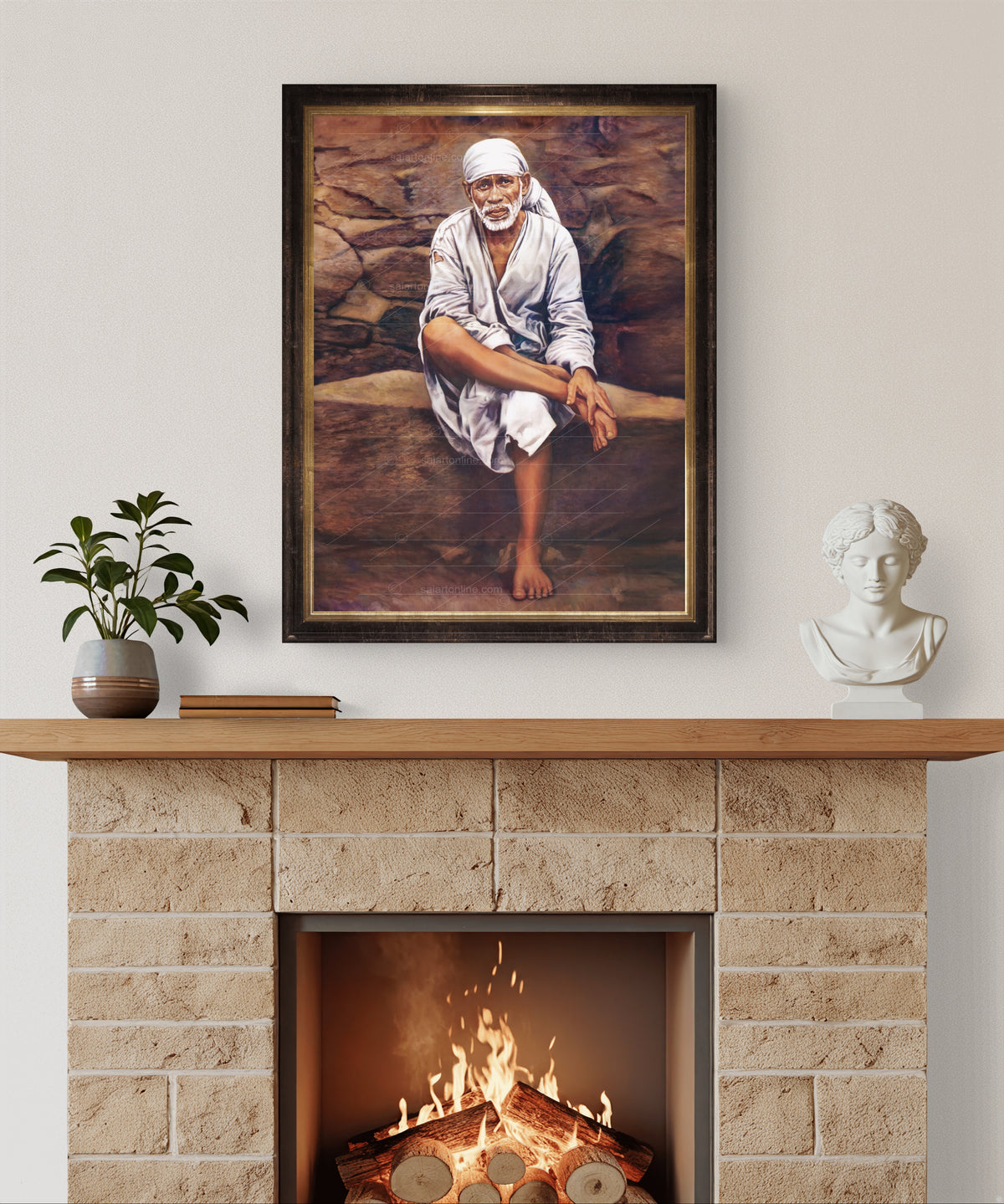 Sai Baba Original Photo Sitting on Stone Canvas Painting | Hemant Art