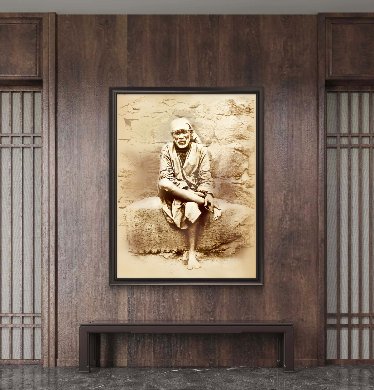 Sai Baba Original Photo Sitting on Stone Canvas Reprint | Hemant Art