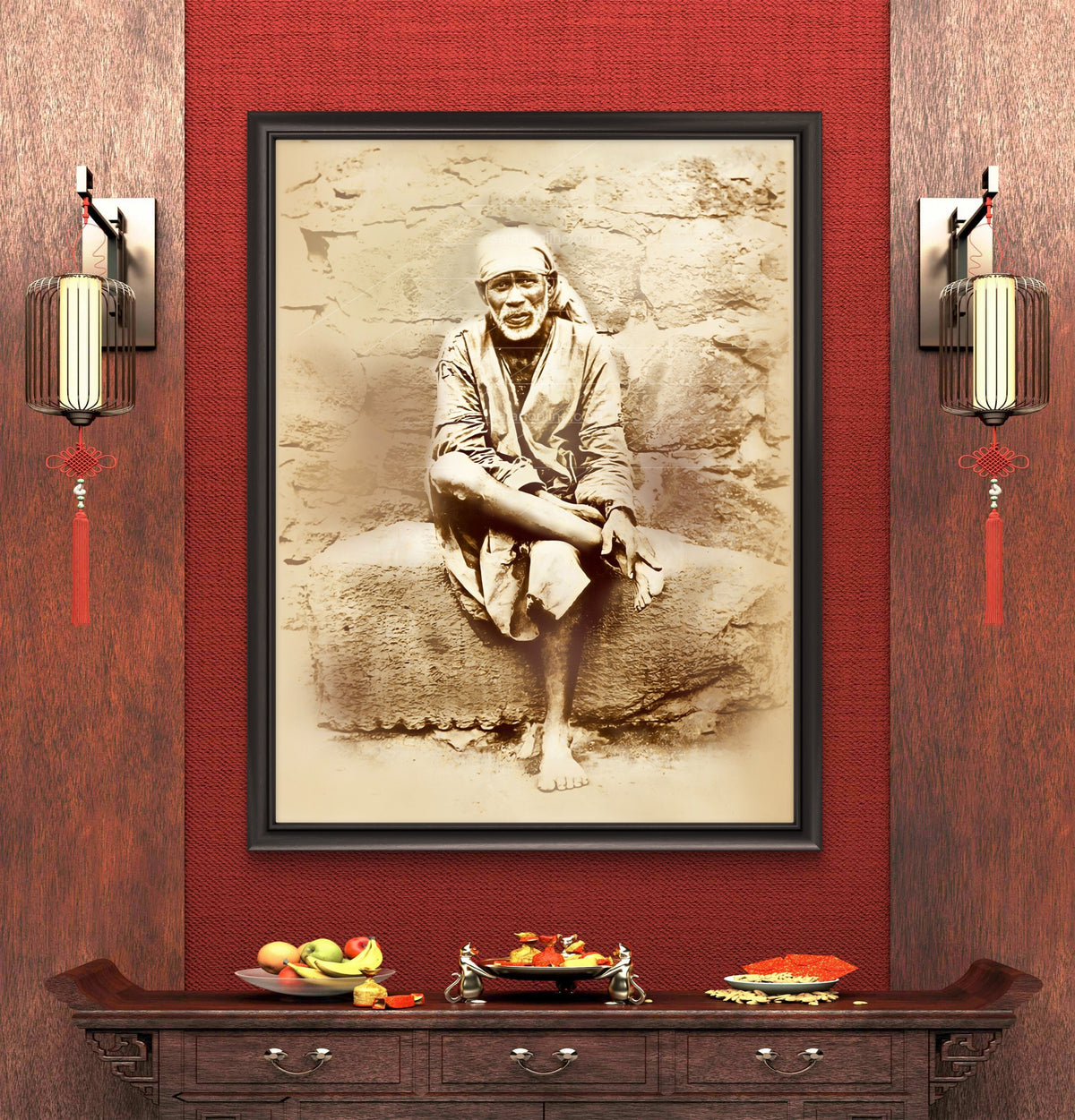 Sai Baba Original Photo Sitting on Stone Canvas Reprint | Hemant Art