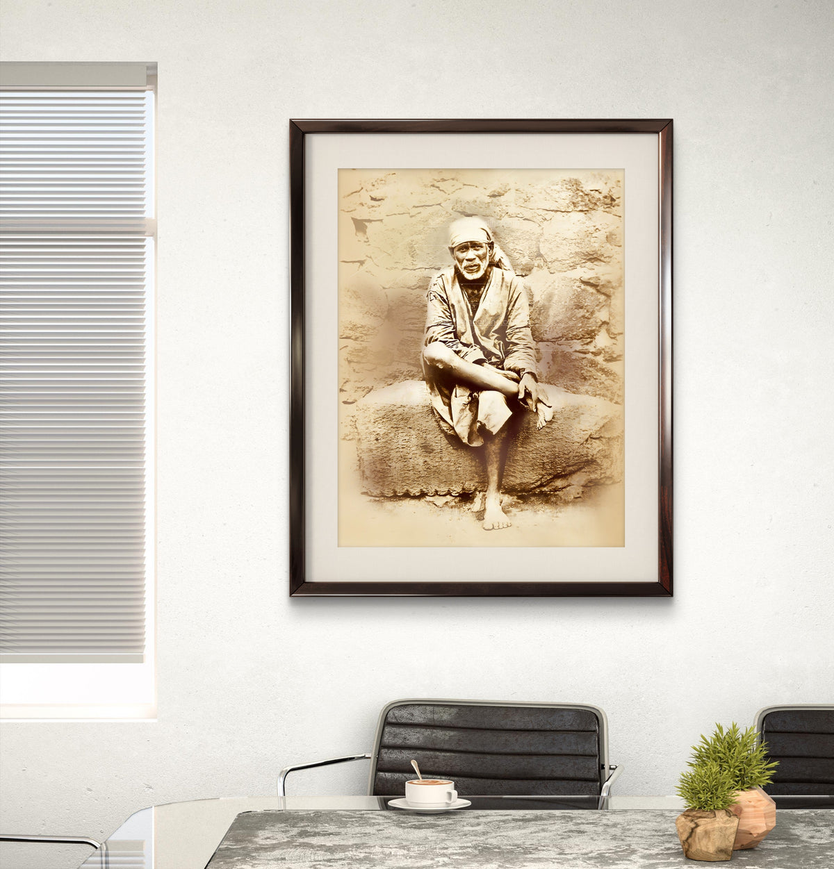 Sai Baba Original Photo Sitting on Stone Canvas Reprint | Hemant Art