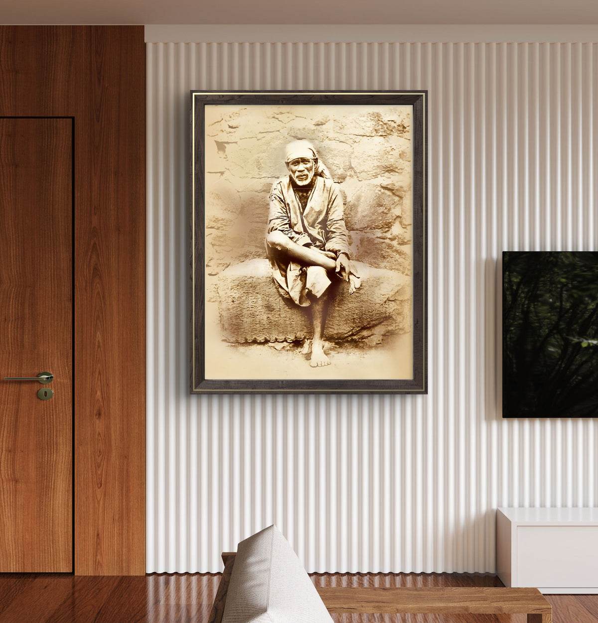 Sai Baba Original Photo Sitting on Stone Canvas Reprint | Hemant Art