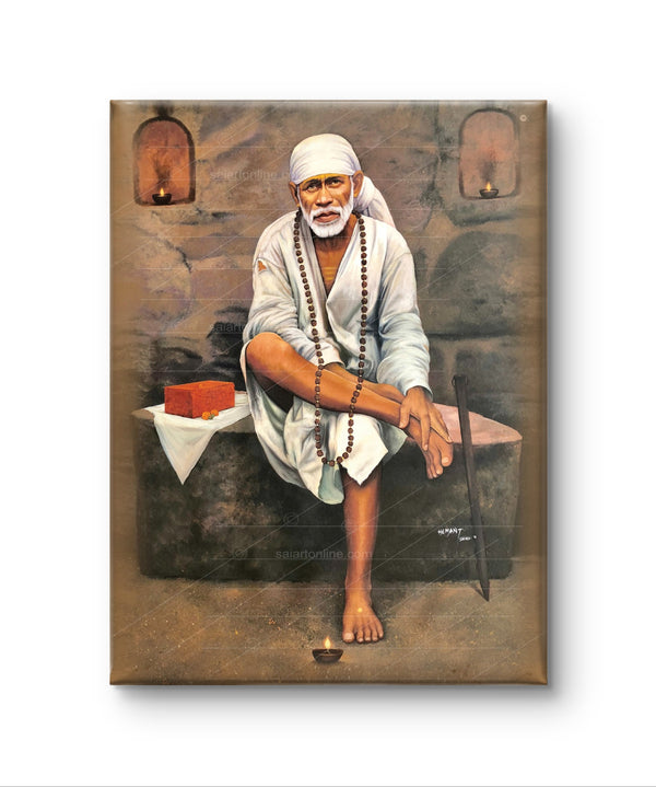 Shirdi Sai Baba Original Photo Sitting on Stone Canvas Reprint | Hemant Art