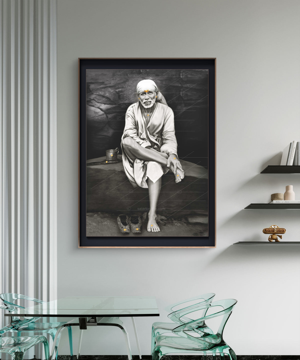 Saibaba on Stone Canvas Print, Black & White Hemant Art