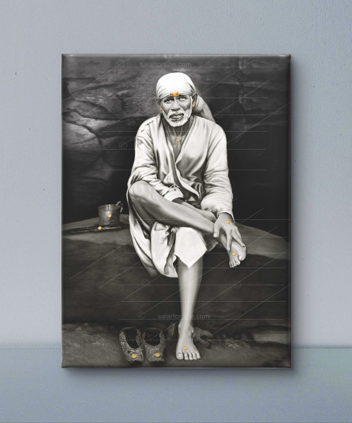 Saibaba on Stone Canvas Print, Black & White Hemant Art