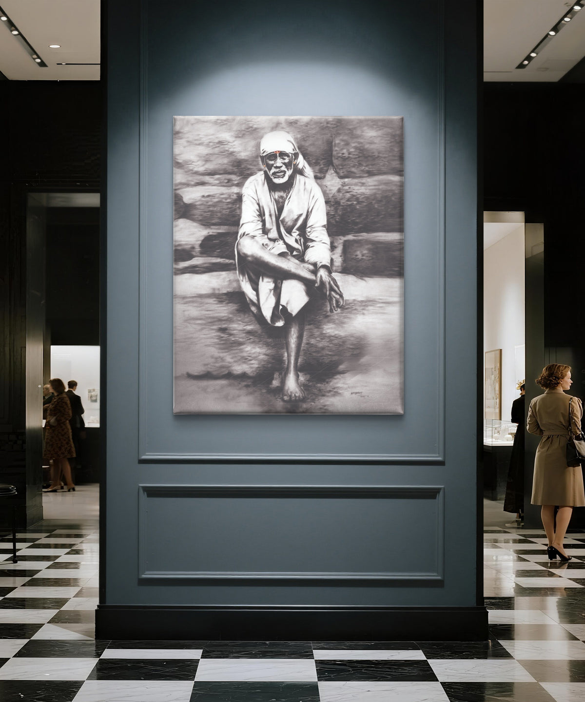 Sai Baba Original Photo Sitting on Stone Canvas Painting | Hemant Art