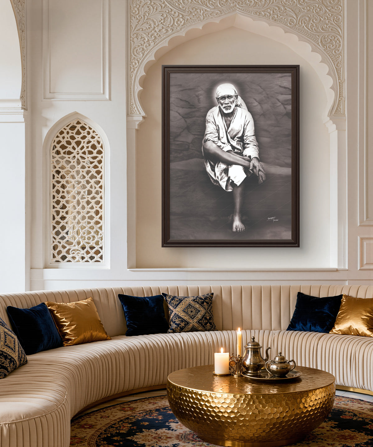 Sai Baba Original Photo Sitting on Stone Canvas Painting | Hemant Art